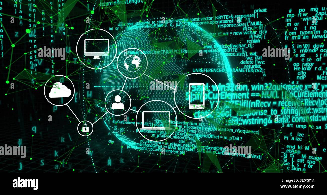 Displaying glowing green dotted globe linking network icons in cyberspace, with streaming code Stock Photo