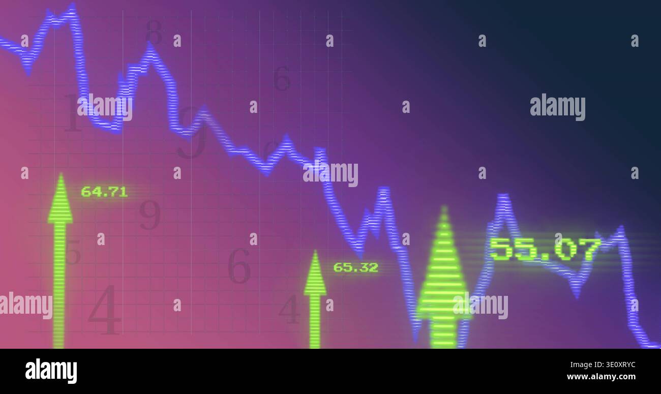 Displaying neonblue jagged line plot trending down with spikes on display labeled 64 Stock Photo