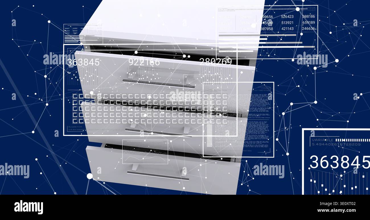Displaying multifunction printer showing numeric readouts, drawers, output tray in studio with UI Stock Photo