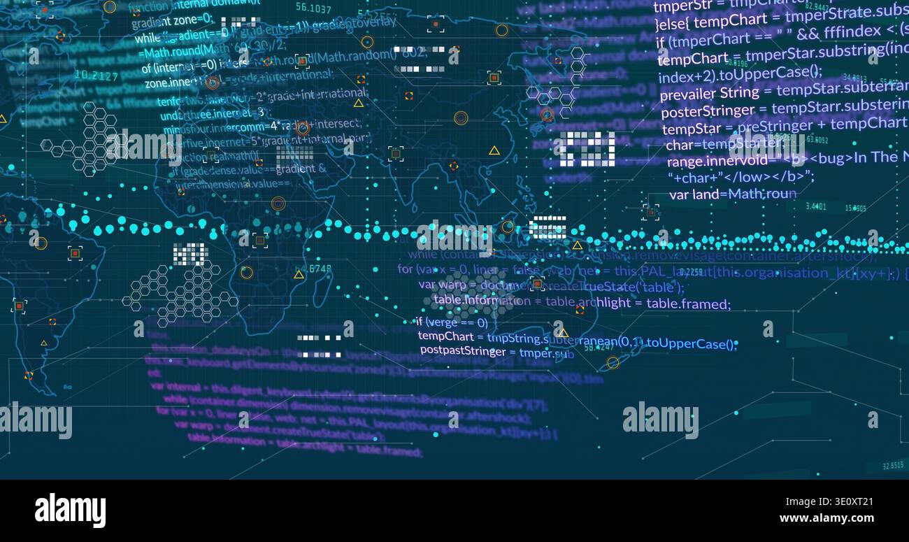 Displaying centered world map overlaying teal grid, showing code, hex patterns, teal dot band Stock Photo