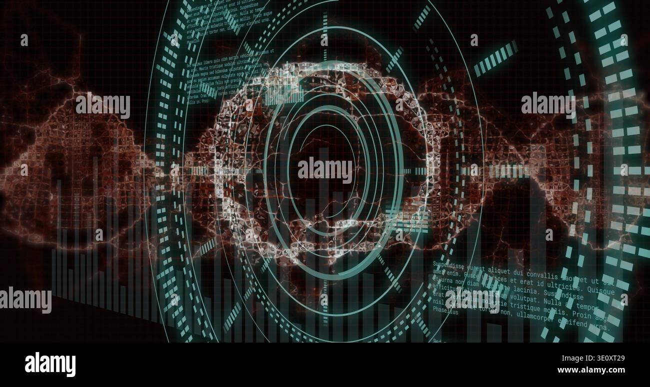 Displaying central circular HUD and intersecting waveform in virtual dashboard, with glowing nodes Stock Photo