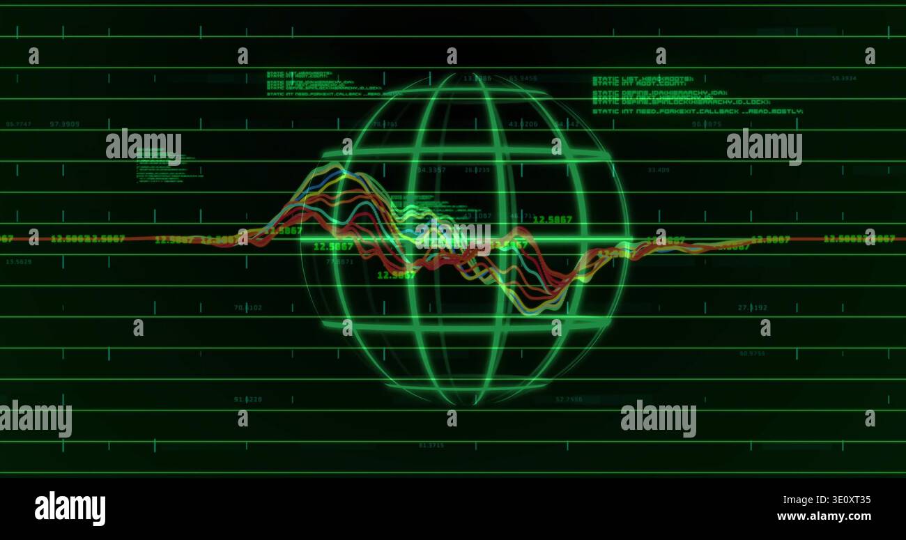 Displaying glowing green wireframe globe crossing rainbow waveform on system UI with grid readouts Stock Photo