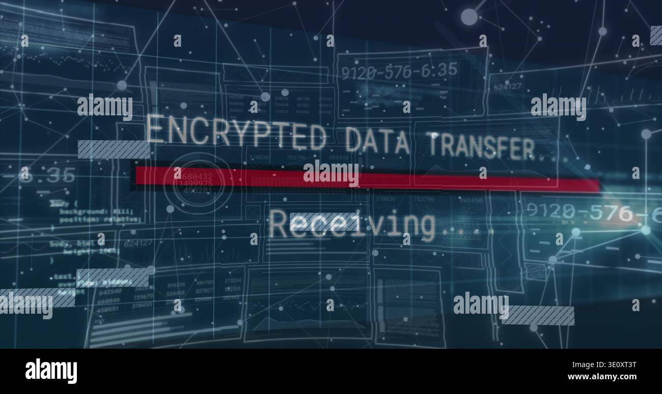 Displaying HUD in network UI showing ENCRYPTED DATA TRANSFER and Receiving Stock Photo