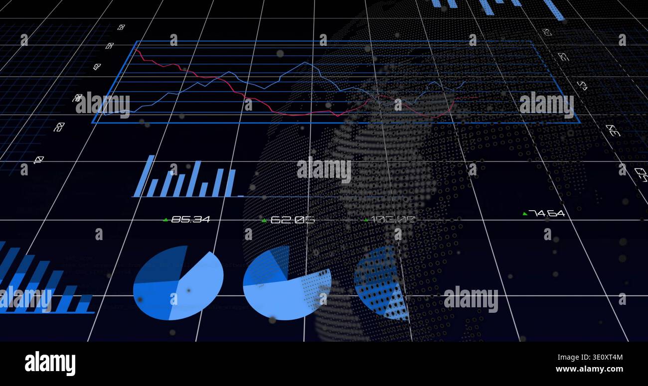 Displaying data dashboard showing multi-line graph, numeric labels, dotted globe on grid plane Stock Photo