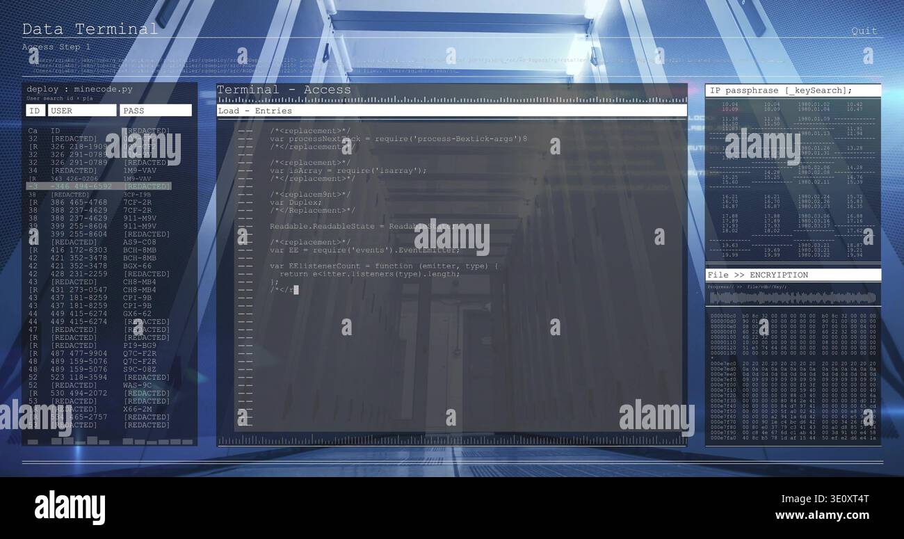 Displaying terminal overlay showing code editor, USER PASS panel, IP table, hex dump in server hall Stock Photo