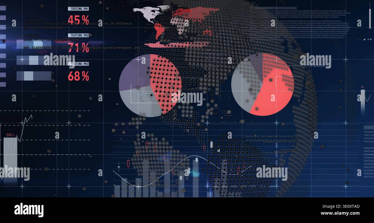 Displaying analytics UI showing dotted globe on navy panel, with pie charts, percent readouts Stock Photo