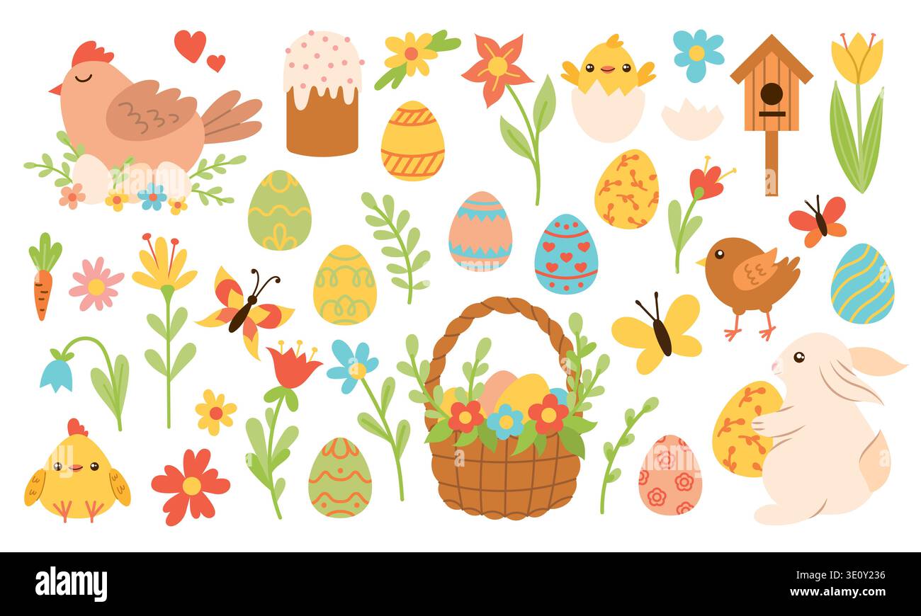 Large set of Easter elements for design on a white background Stock Vector