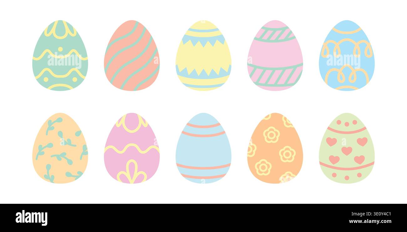 A collection of colorful Easter eggs with different patterns and designs Stock Vector