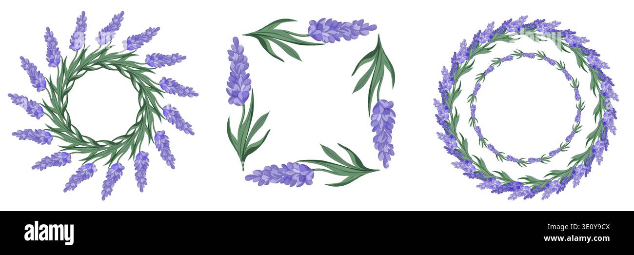 Vector set of lavender floral frames and wreaths. Botanical spring decoration for wedding, holiday cards, invitations, labels and festive design. Stock Vector