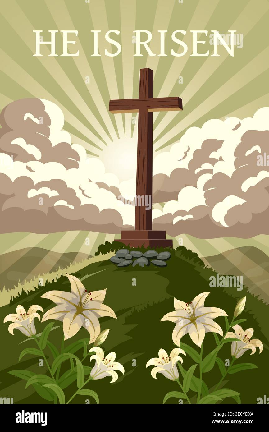 He Is Risen Poster Easter Cross with Lily Flowers and Sun Rays Stock Vector