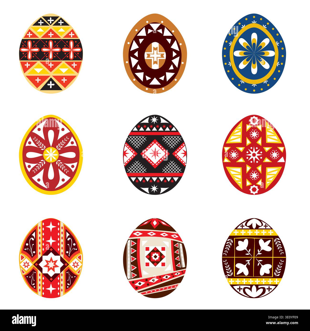 Decorated Easter Eggs with colorful folk geometric ornaments Stock Vector