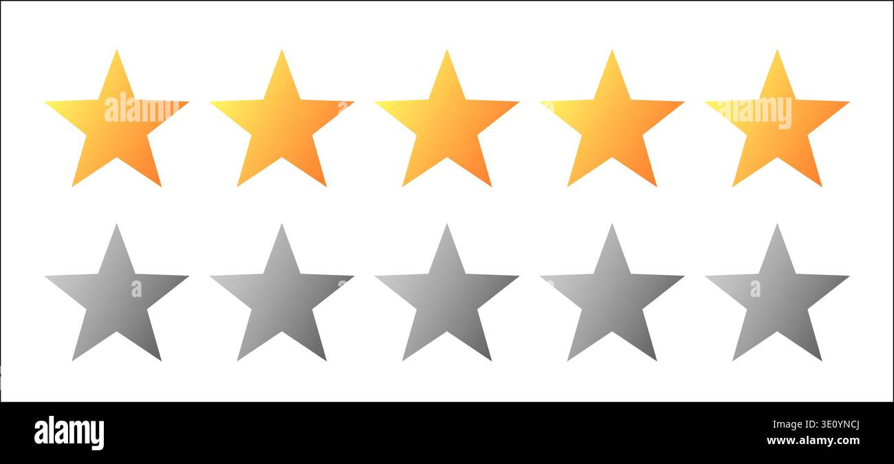 Five golden and silver stars product rating review icon set vector image. Graphical user interface for web page. Stock Vector