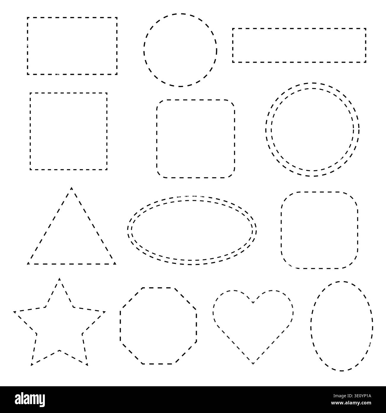 Geometric shapes set created from dotted lines vector design elements. Dotted lines shapes for children's educational development, coloring book. Stock Vector
