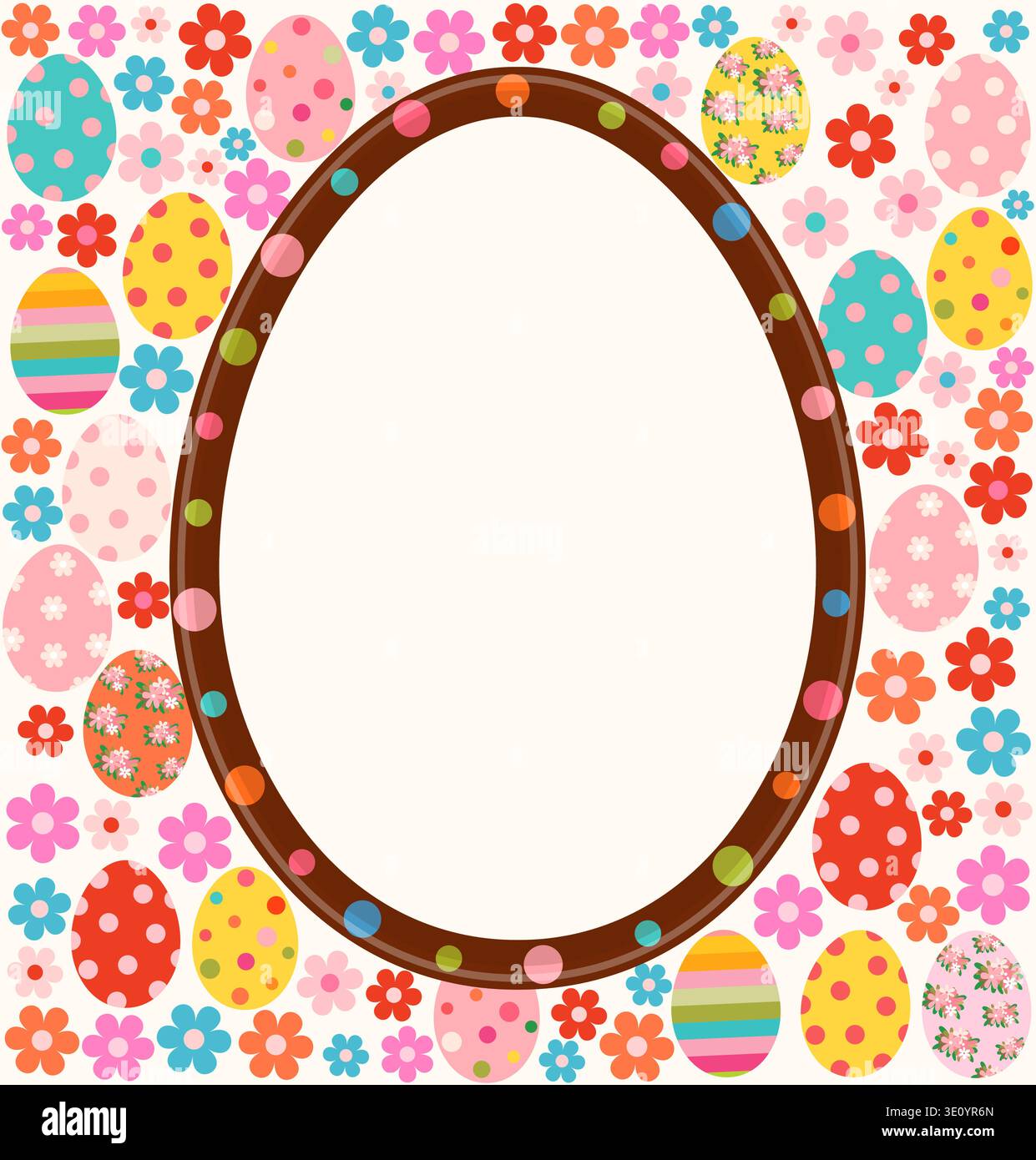 Cute chocolate Easter egg vector frame, colorful flowers and painted eggs spring background for package design Stock Vector