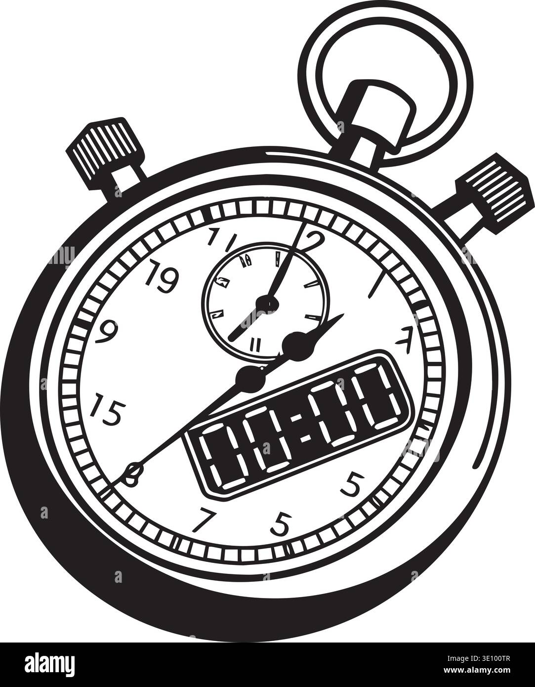 A detailed line art illustration of a mechanical stopwatch showing a ...