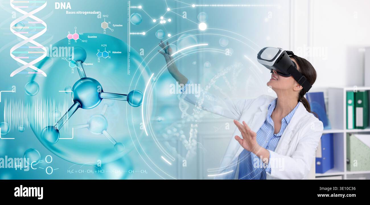Scientist using VR headset, double exposure with virtual elements. Future technology in biochemistry Stock Photo
