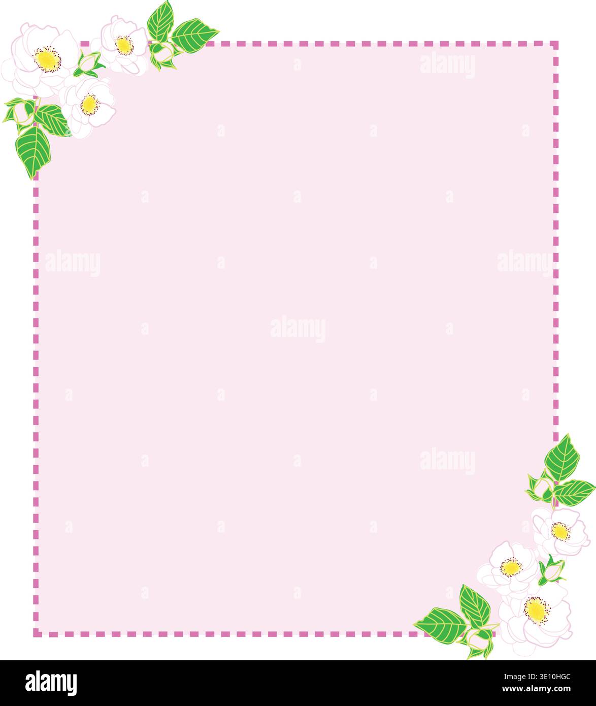 Pink Square Floral Frame with Dashed Border and Corner Flowers Stock Vector