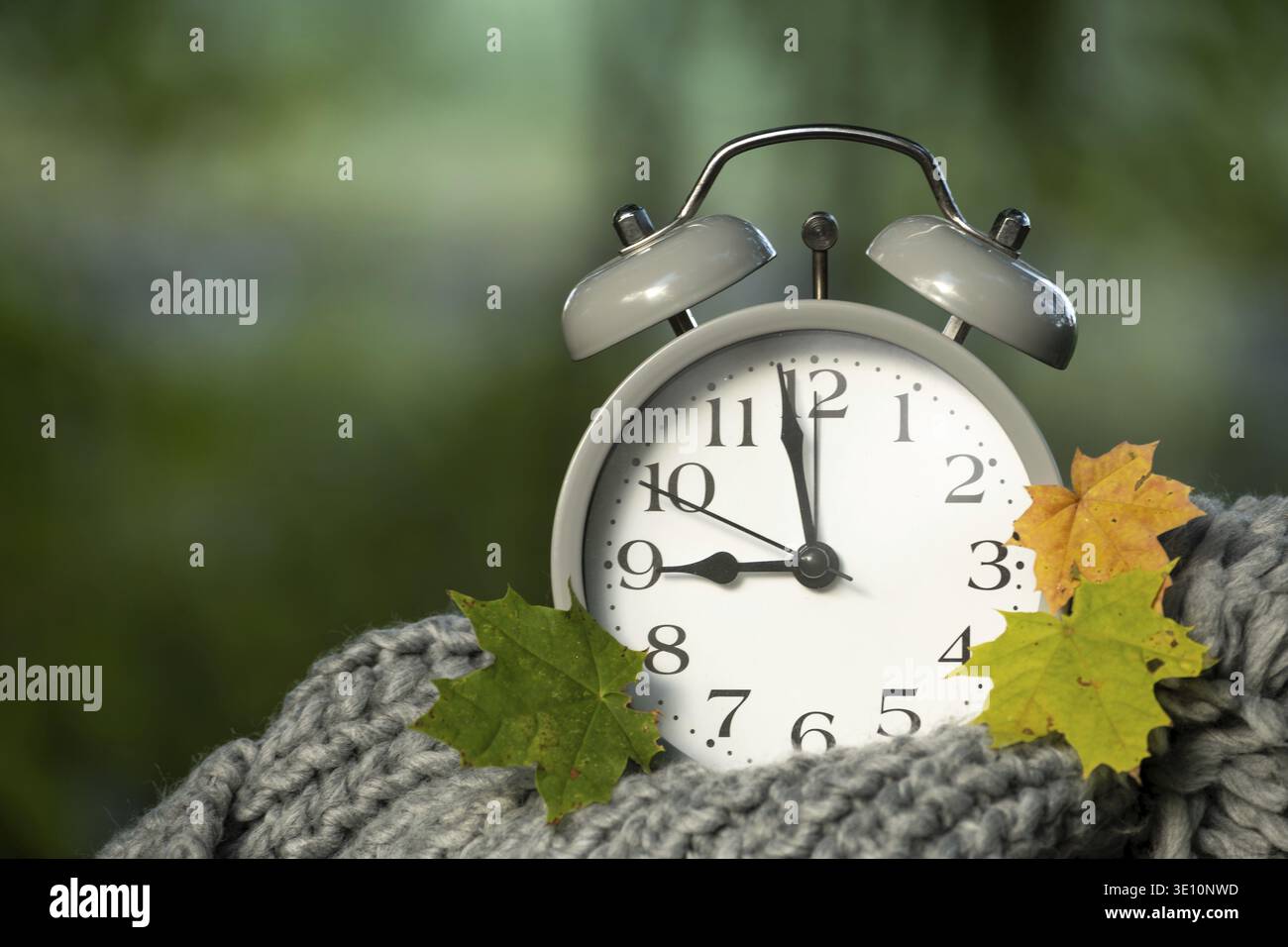 A close up of a classic alarm clock surrounded by colorful autumn leaves, resting on a soft, knitted scarf, with a blurred green background Stock Photo