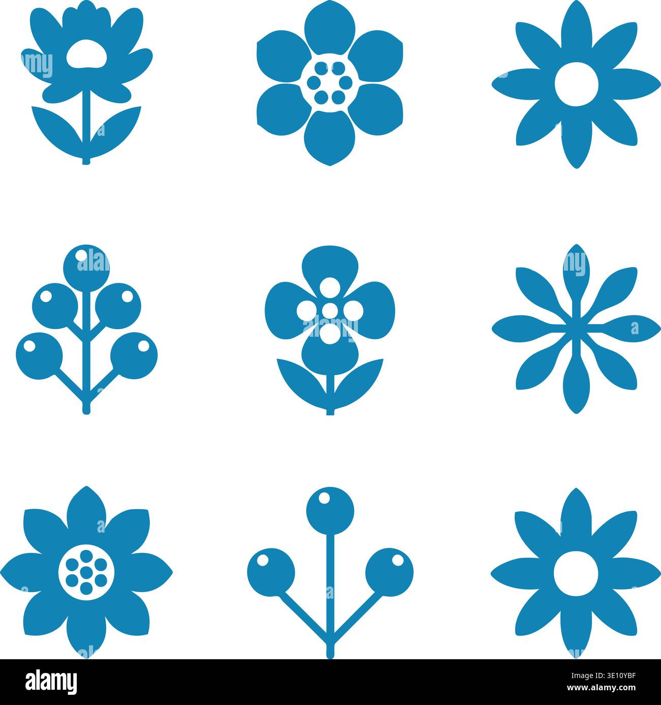 Blue Minimalist Floral Vector Icon Set, Simple Flowers, Berries ...