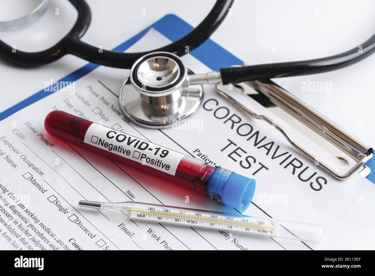 Coronavirus testing. Close-up of the blood sample and thermometer Stock Photo