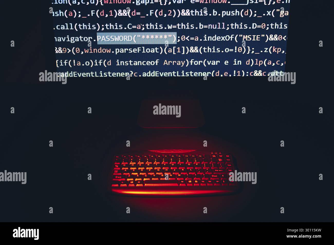 Cyber security. Program code on screen. Using computer and programming to break code. Cyber security threat. Internet and network security. Stealing p Stock Photo