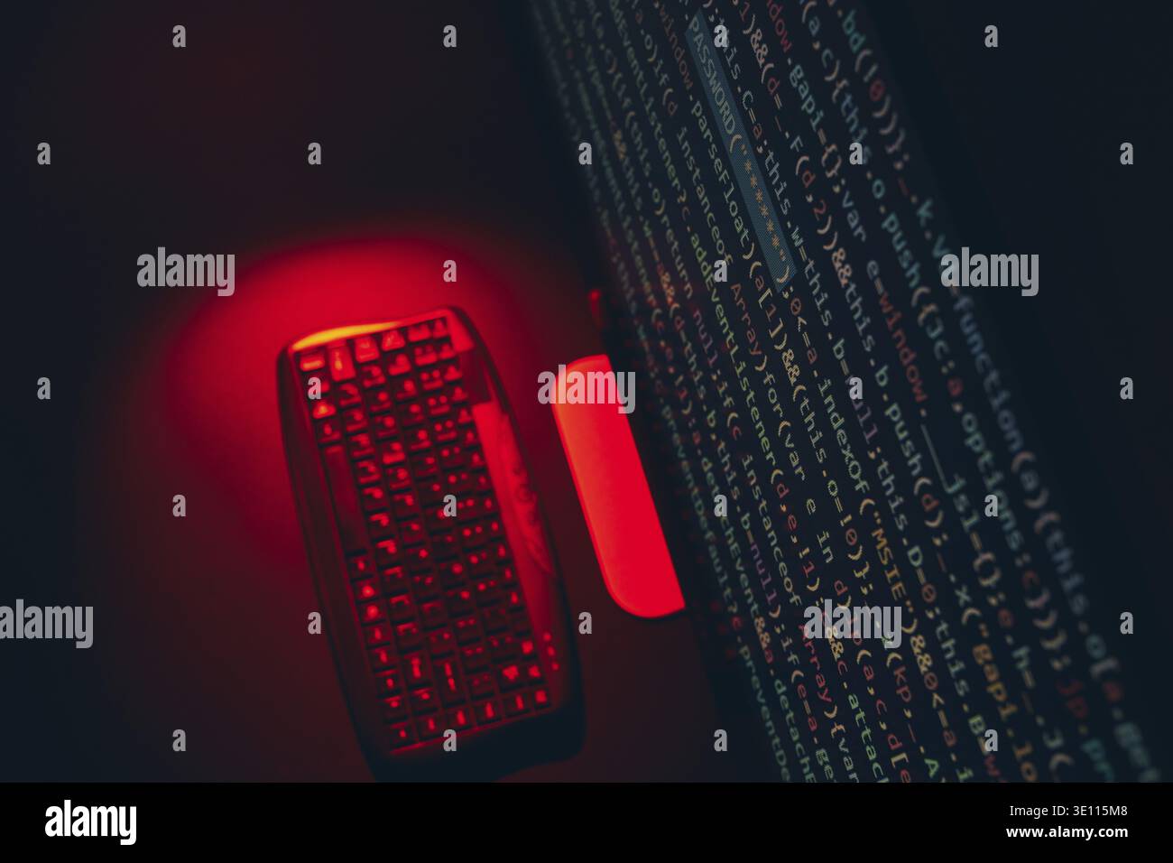 Cyber security. Program code on screen. Using computer and programming to break code. Cyber security threat. Internet and network security. Stealing p Stock Photo