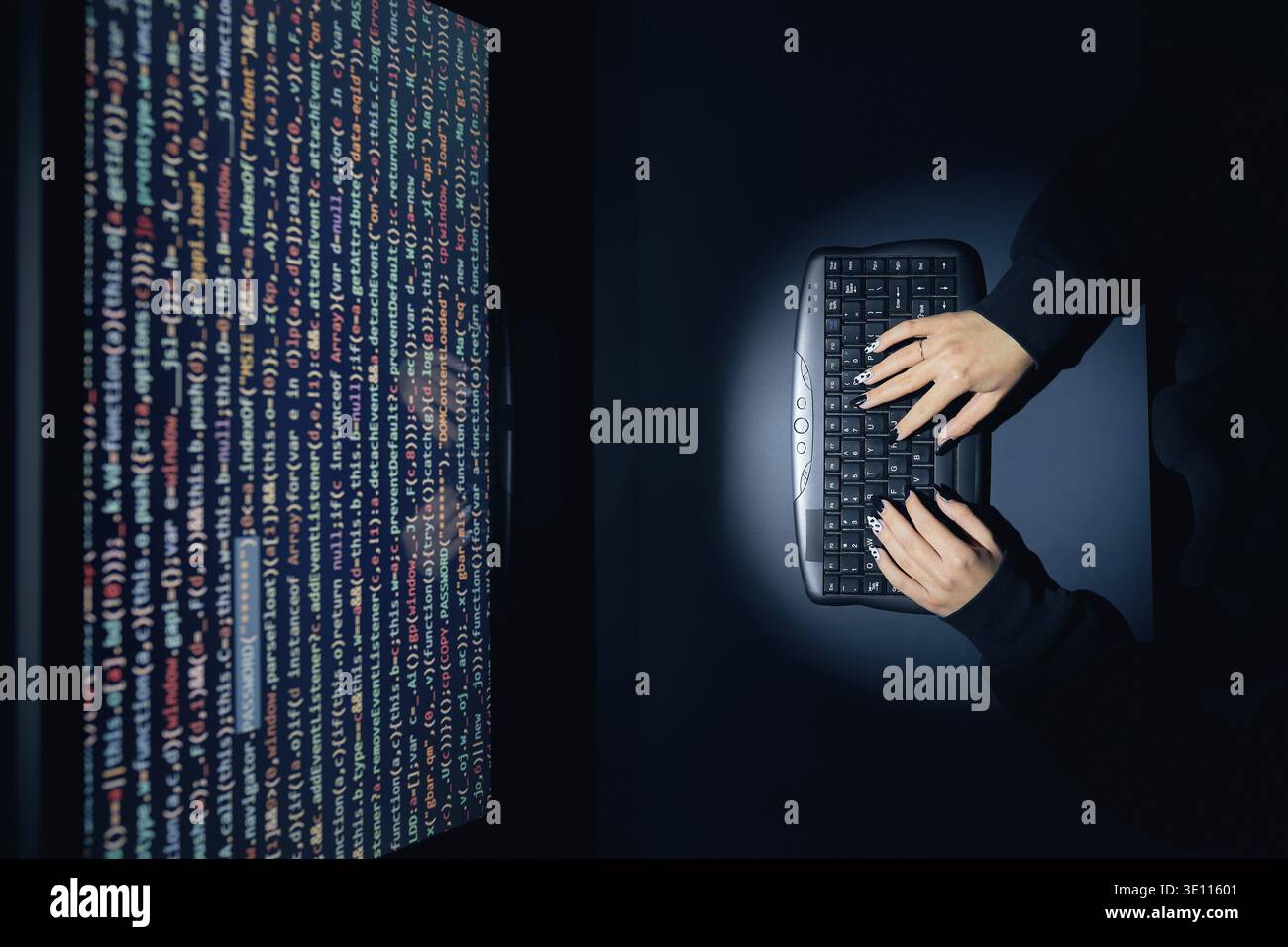 Cyber security threat. Young woman using computer and coding. Internet and network security. Stealing private information. Person using technology to Stock Photo