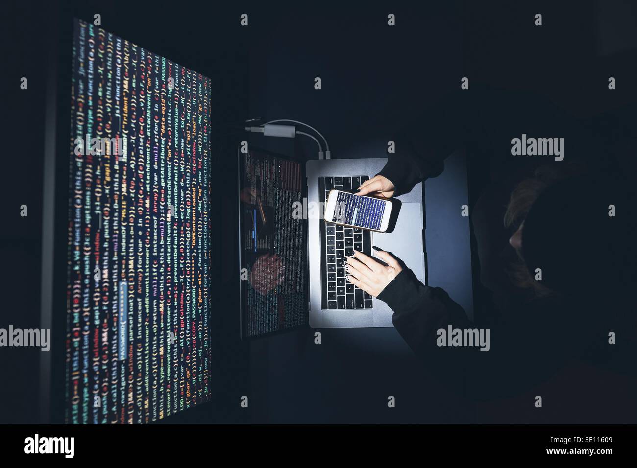 Cyber security threat. Young woman using computer and coding. Internet and network security. Stealing private information. Person using technology to Stock Photo