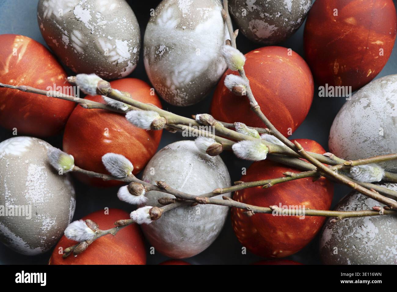 Many decorated Easter eggs as background, top view. Festive tradition Stock Photo