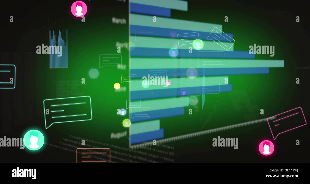 Displaying 3D horizontal bar chart highlighting month labels on virtual dashboard, with avatars Stock Photo