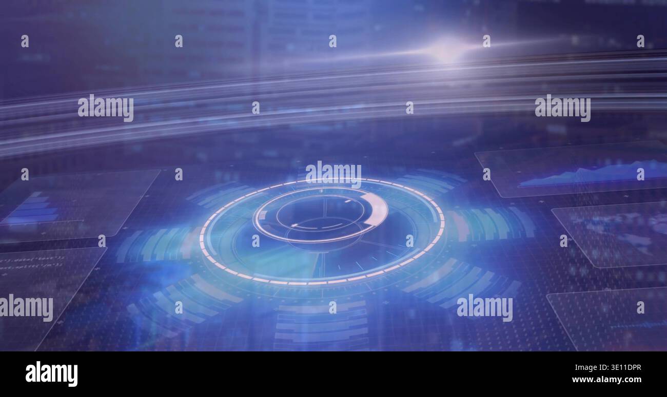 Rotating central circular HUD hovering on virtual dashboard, showing segmented arc and panels Stock Photo