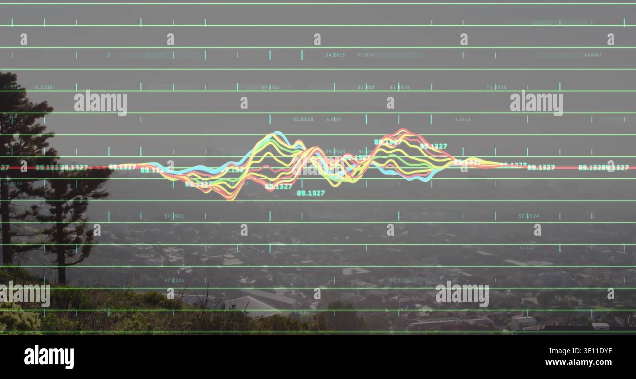 Displaying multi-colored waveform overlay moving across misty hillside overlook, with gridlines Stock Photo