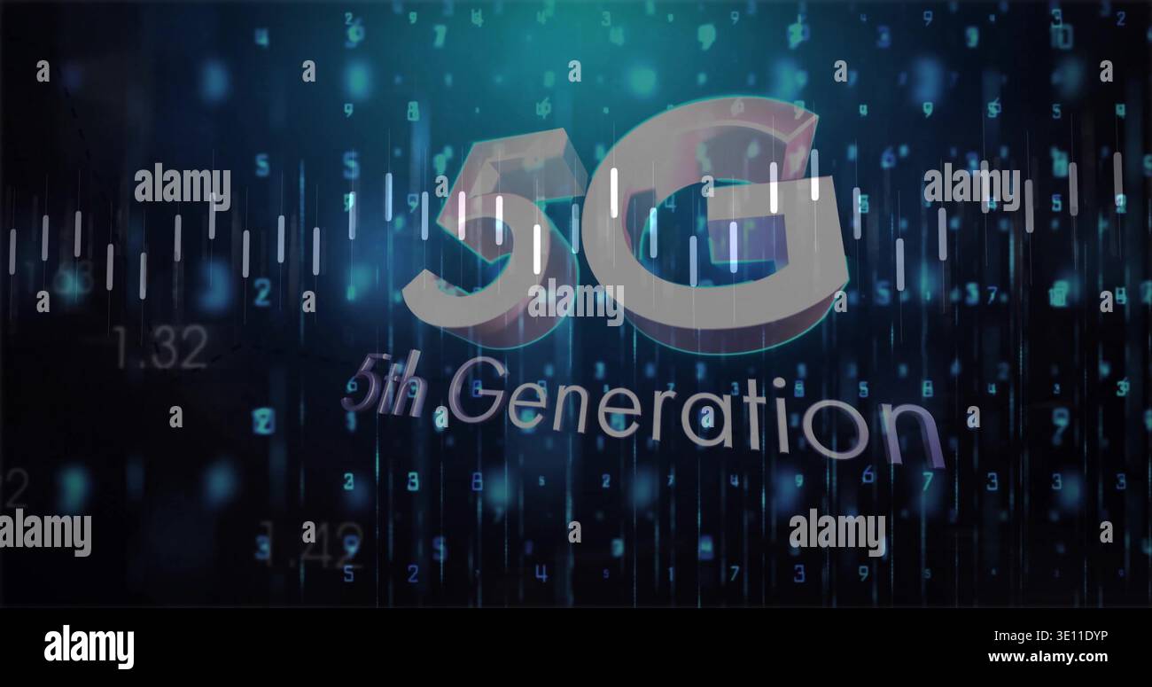 Glowing 3D 5G logo hovering in studio data-stream, with 5th Generation text and cascading digits Stock Photo