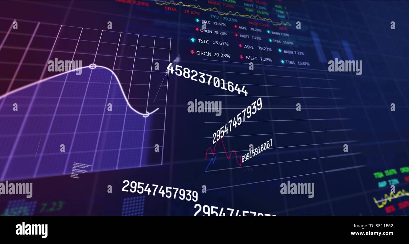Displaying financial dashboard showing purple panel graph and floating numeric labels on grid Stock Photo