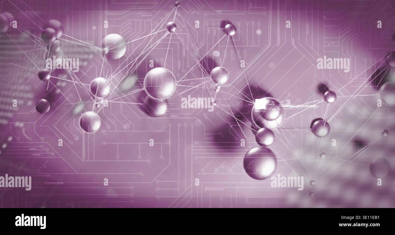 Displaying reflective sphere cluster linking via thin luminous lines in studio with circuit traces Stock Photo