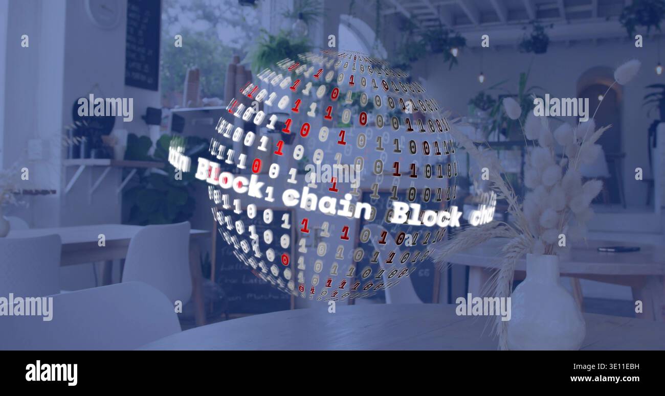 Floating digital sphere rotating above central cafe table, showing binary code and Blockchain text Stock Photo