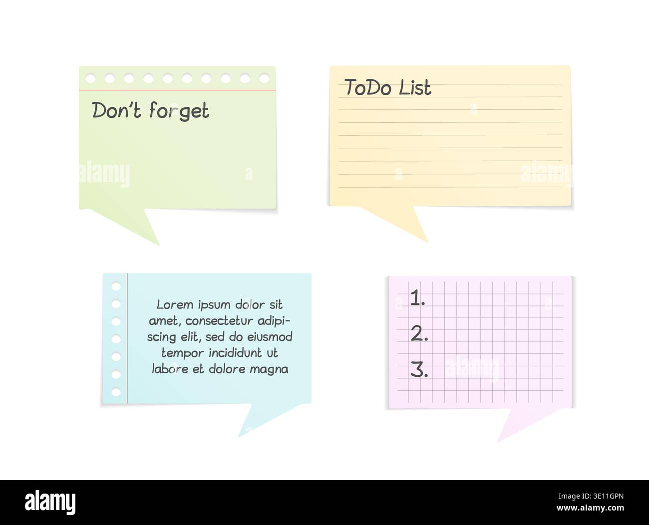 Four paper notes shaped as speech bubbles on white background, vector eps10 illustration Stock Vector