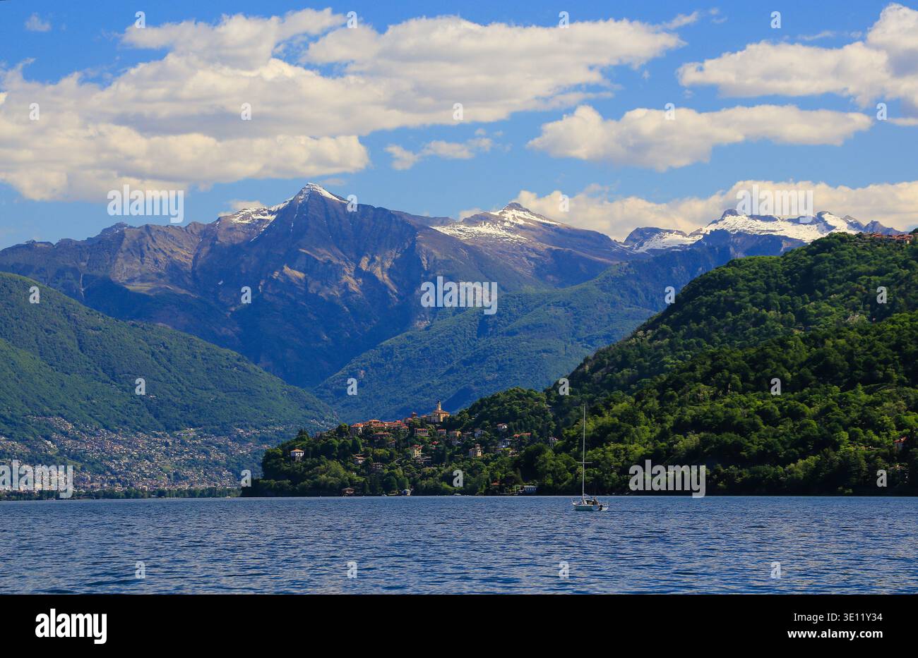 View across Lake Maggiore to the Alps from Canobbio, Piemonte, Italy. Stock Photo