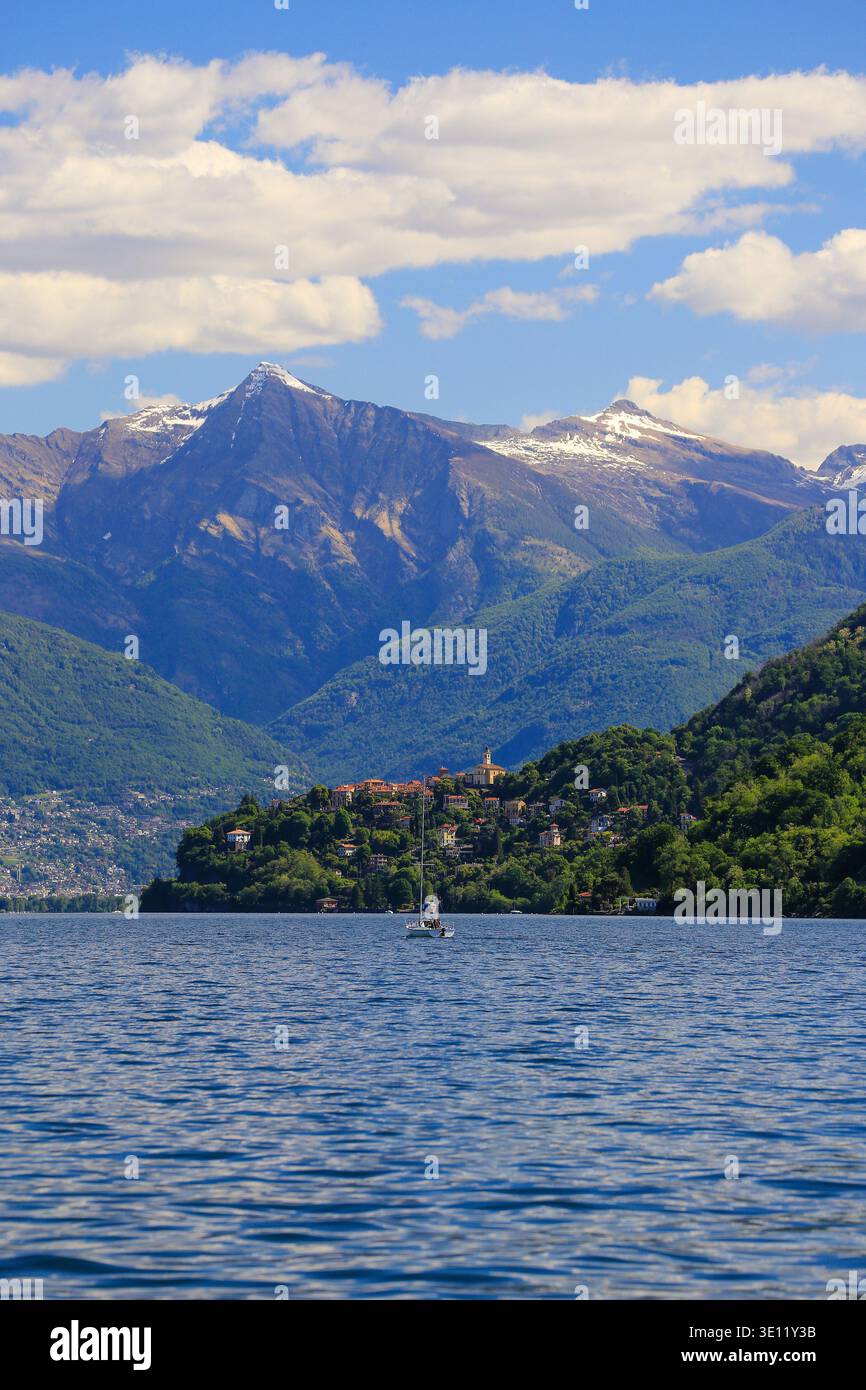 View across Lake Maggiore to the Alps from Canobbio, Piemonte, Italy. Stock Photo