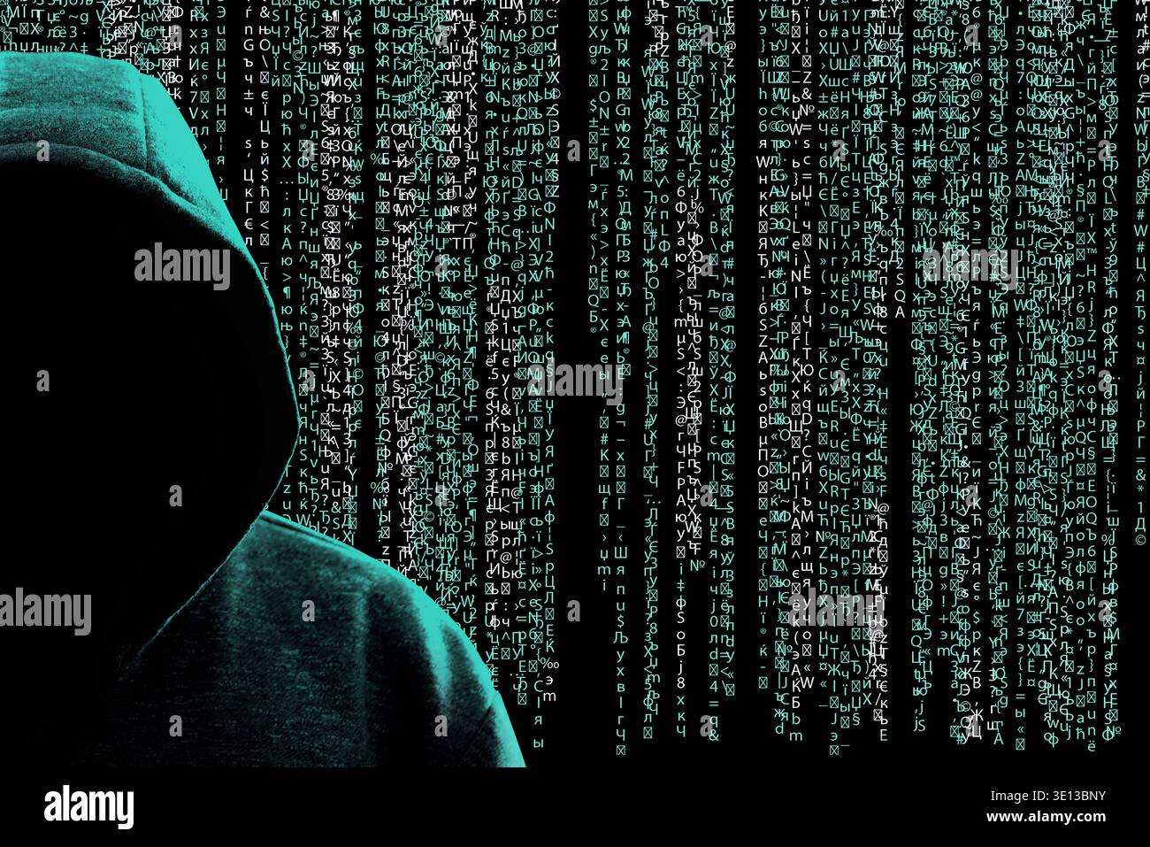 Cyber criminal in hood against programming code Stock Photo