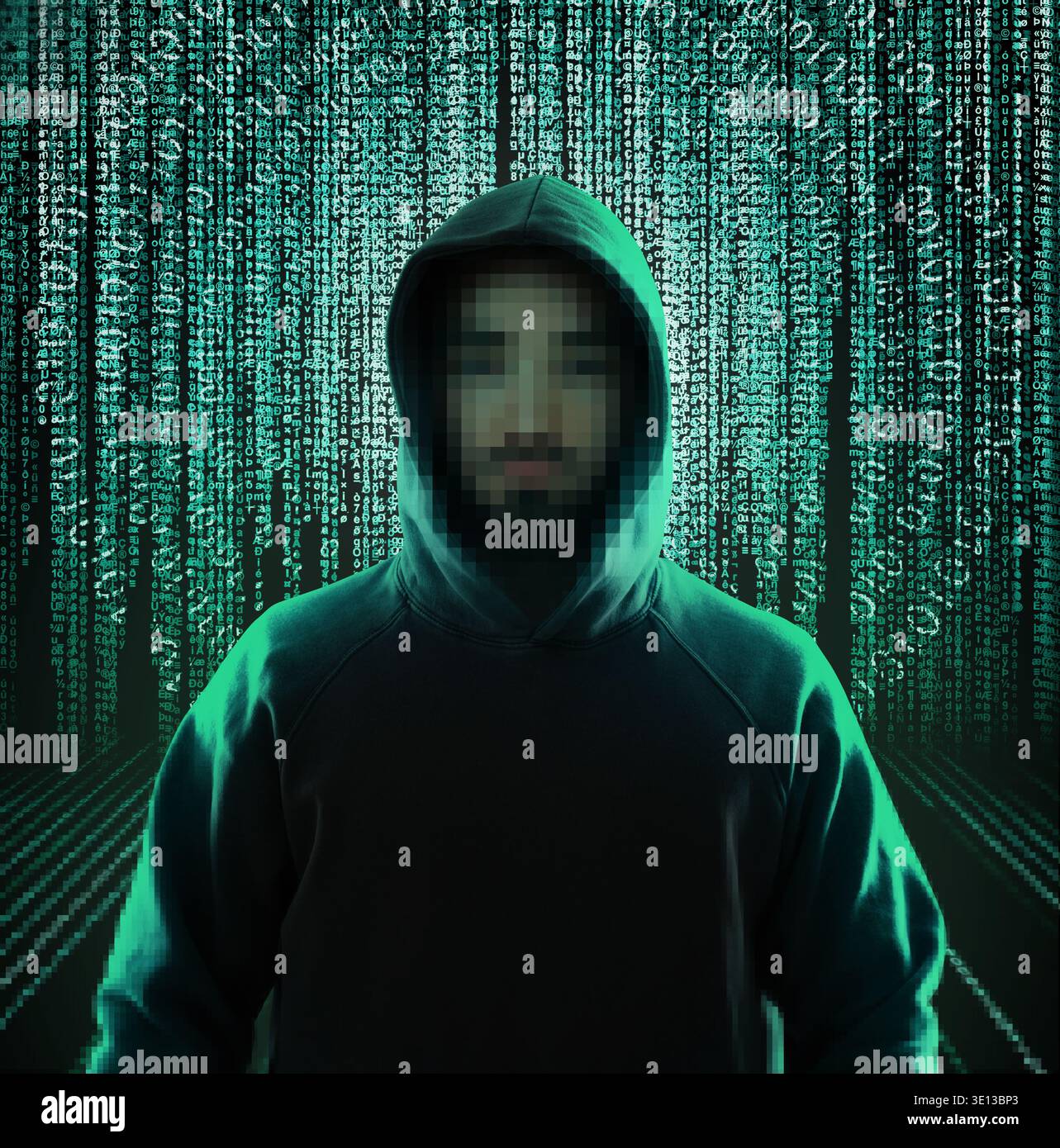 Cybercriminal in hood against different digital codes Stock Photo