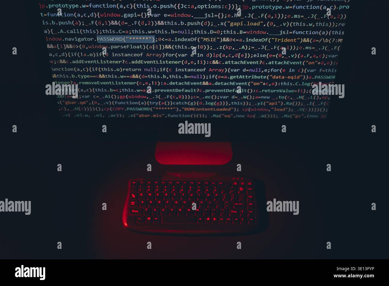 Cyber security. Program code on screen. Using computer and programming to break code. Cyber security threat. Internet and network security. Stealing p Stock Photo