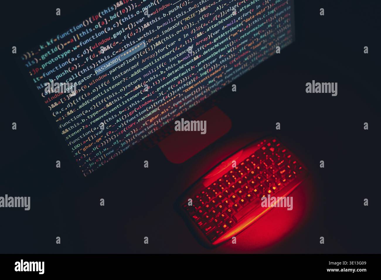 Cyber security. Program code on screen. Using computer and programming to break code. Cyber security threat. Internet and network security. Stealing p Stock Photo