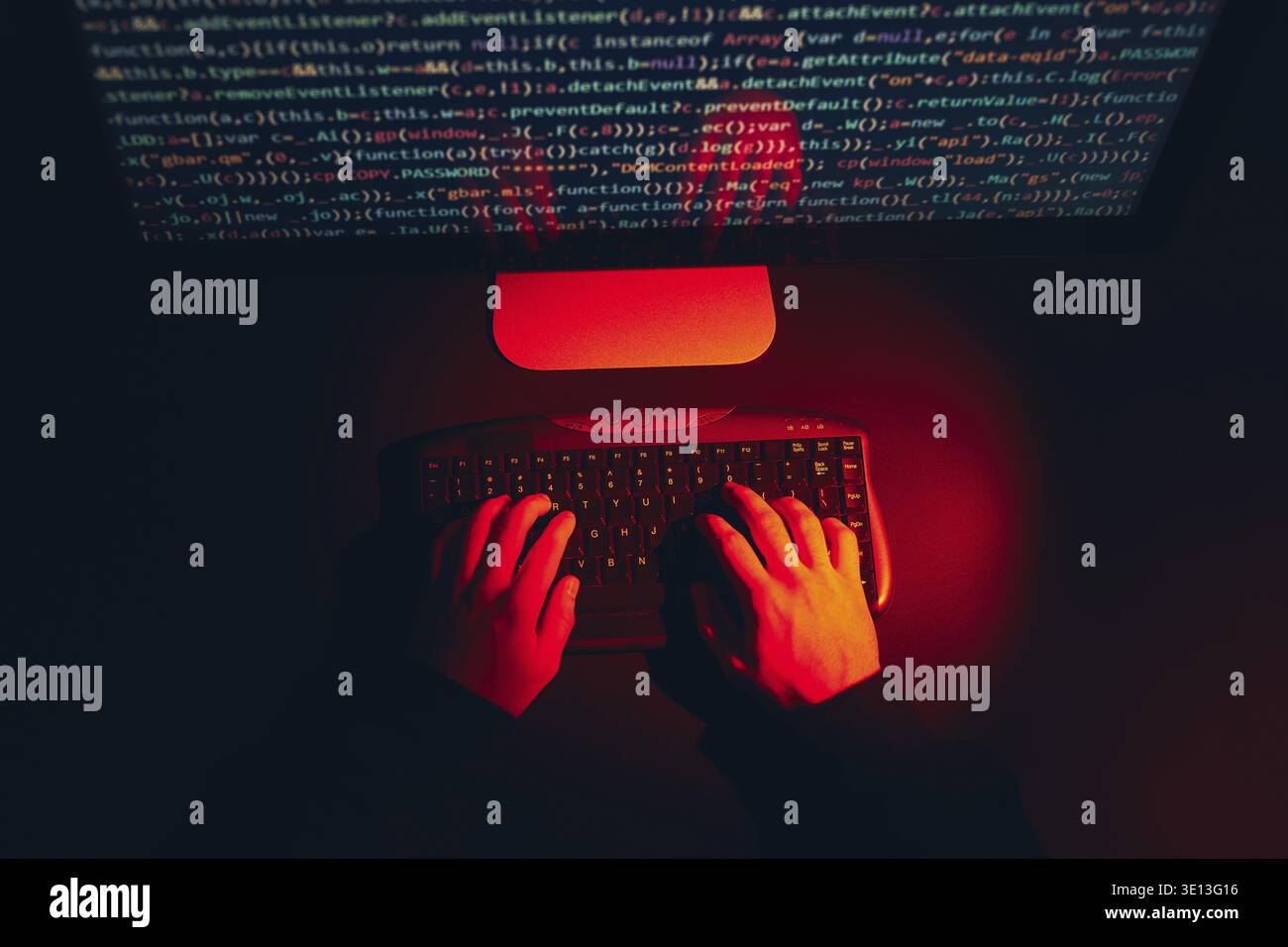 Man using computer and programming to break code. Cyber security threat. Internet and network security. Stealing private information. Person using tec Stock Photo