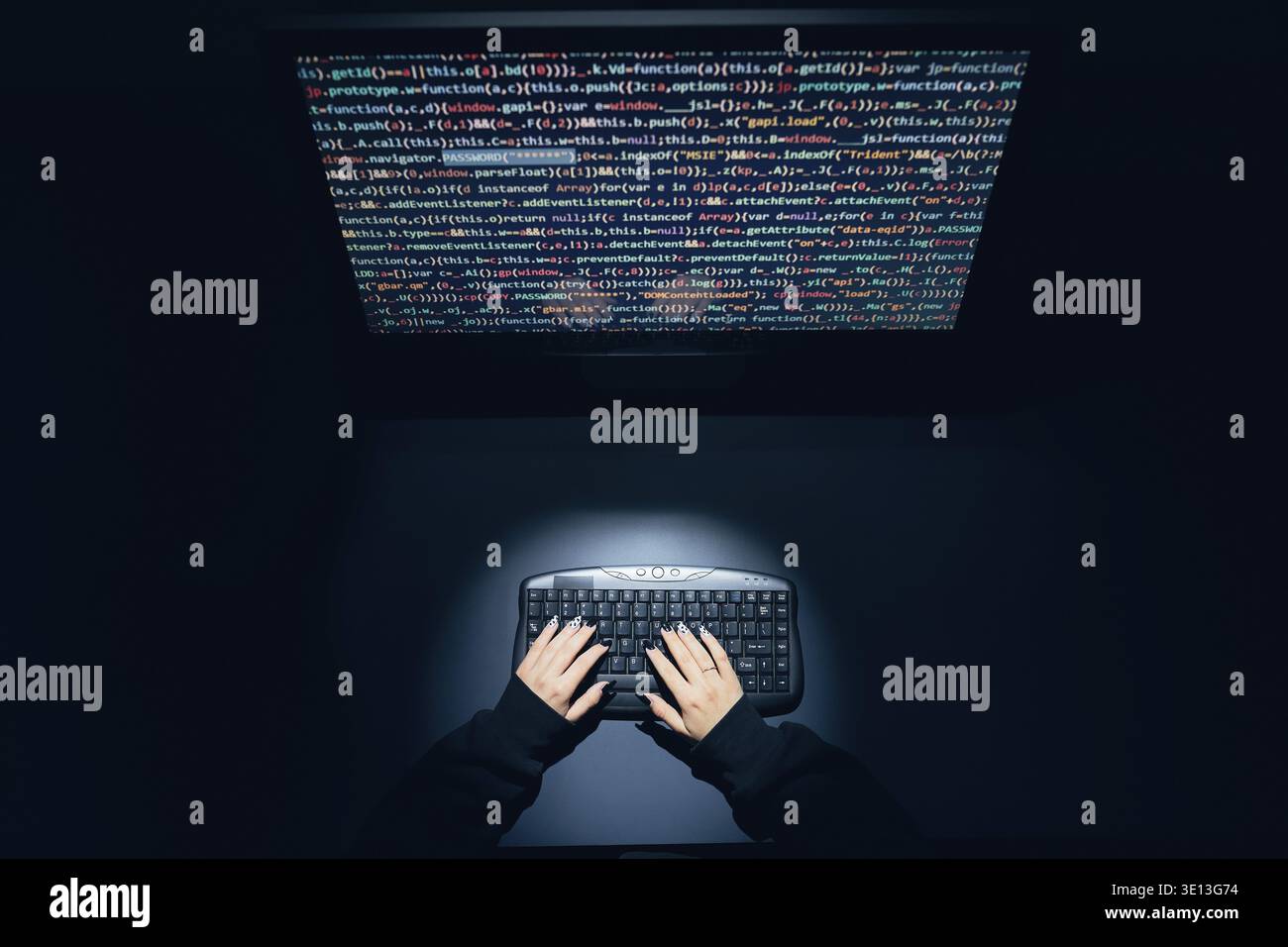 Cyber security threat. Young woman using computer and coding. Internet and network security. Stealing private information. Person using technology to Stock Photo