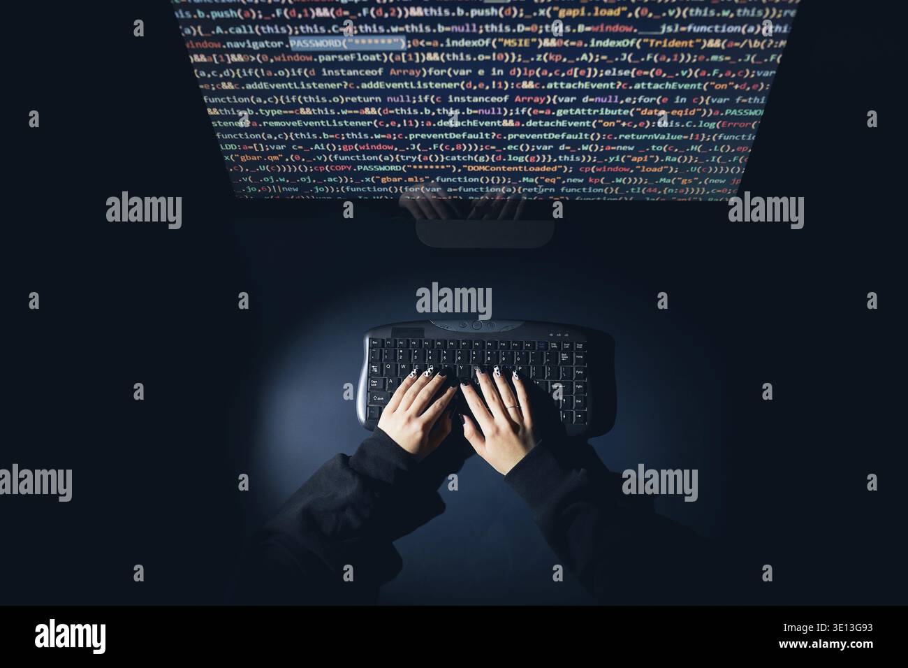 Cyber security threat. Young woman using computer and coding. Internet and network security. Stealing private information. Person using technology to Stock Photo