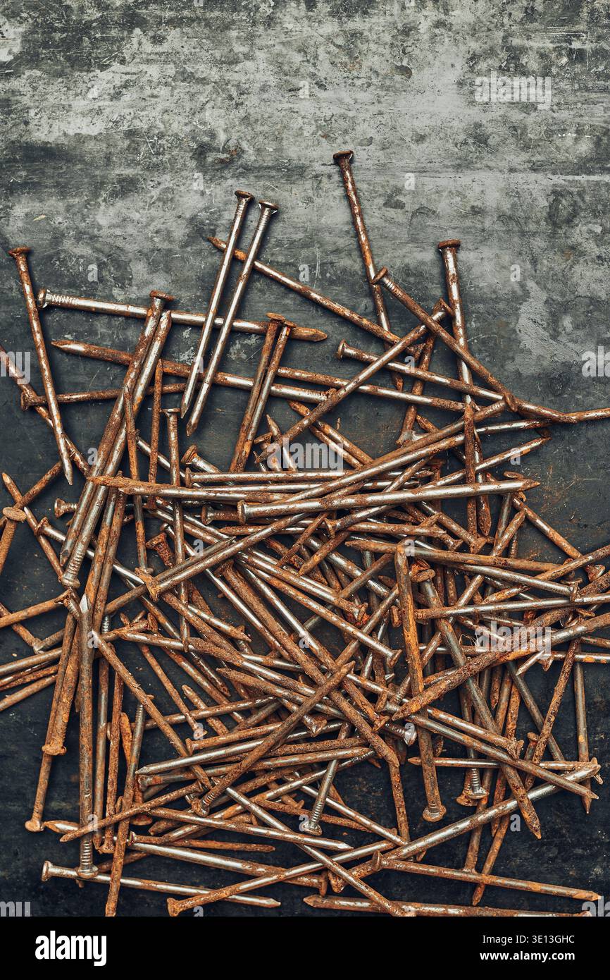 Rusty nails on steel surface. Tools for maintenance. Hardware tools to fix. Technical background with copy space Stock Photo