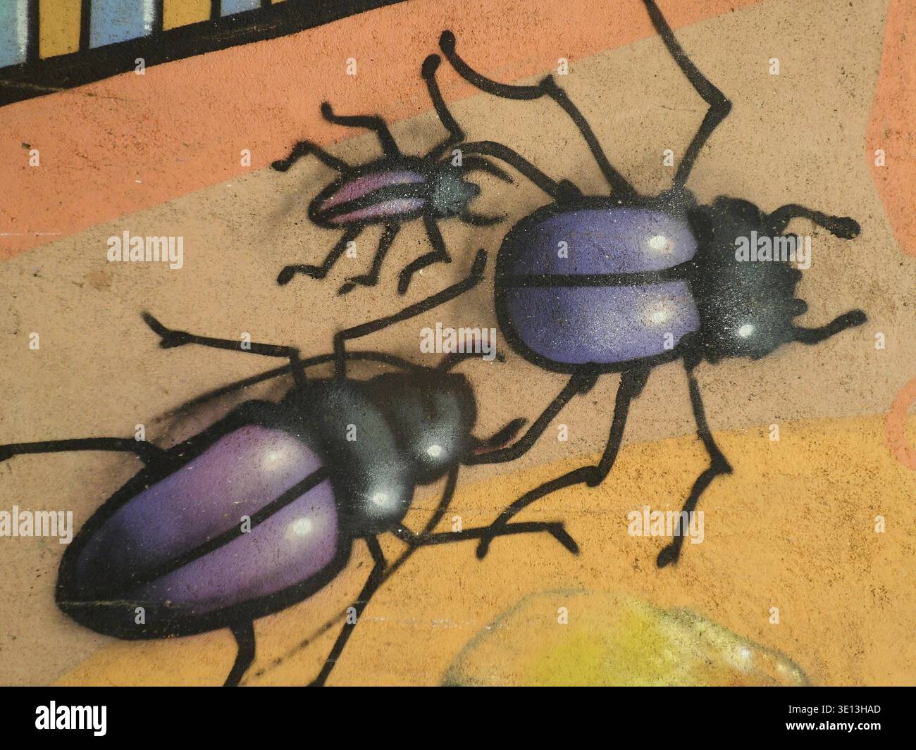 Purple and black beetles painted as graffiti on an urban wall Stock Photo