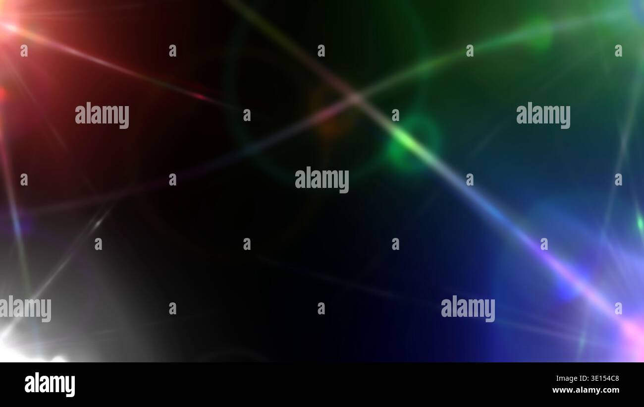Intersecting rainbow light rays and lens flares creating an energetic dark background Stock Photo