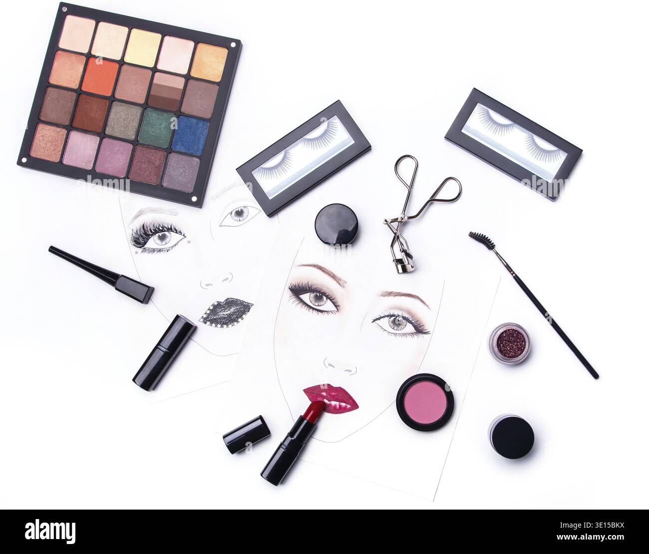 Face charts and different makeup objects and cosmetics on white background Stock Photo